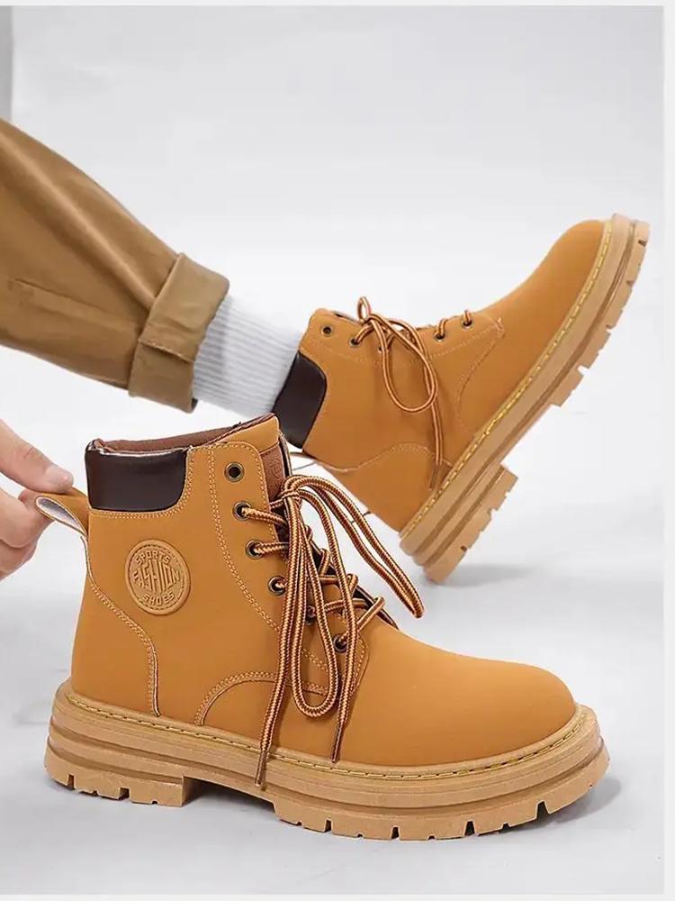 Casual Boots Leather Lace-up Big Head Tooling Boots Work Shoes Autumn Winter Thick Bottom High Top Non Slip Warm