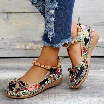 Zapatos planos con estampado floral para mujer, zapatos sin cordones con tiras en el tobillo de estilo tribal, zapatos casuales para caminar