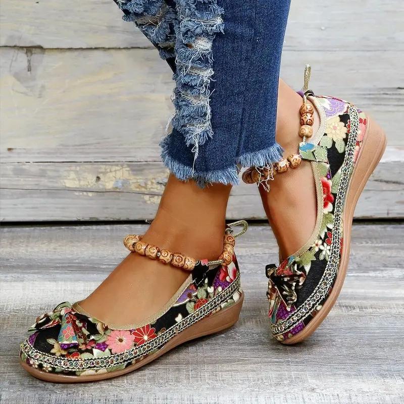 Women's Floral Print Flat Shoes, Tribal Style Ankle Strap Slip On Shoes, Casual Walking Shoes