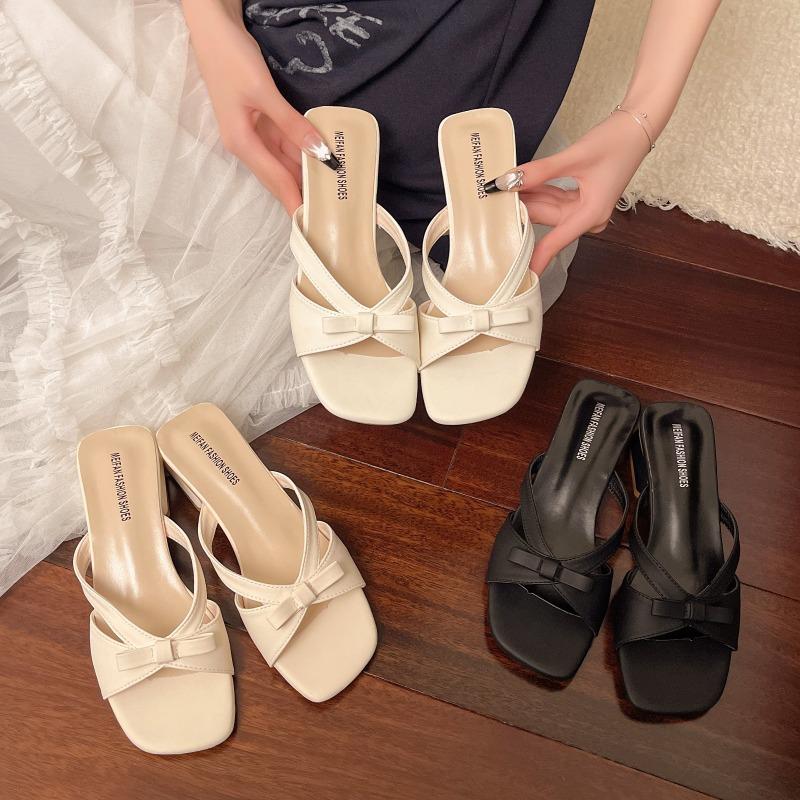 Slippers Women's Summer New Bow Square Head Thick Heel with Sandals Outside Wearing High Heels Women