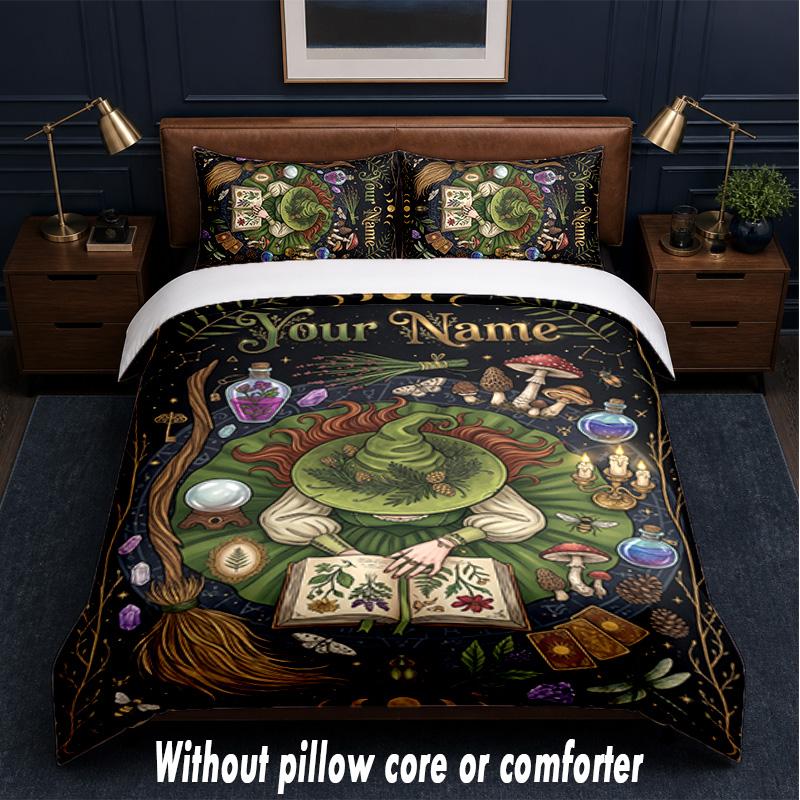 Witchcraft Theme Custom Text Or Name 3Pcs Bedding Set,1 Flat Sheet & 2 Pillowcases Personalized Home Bedding