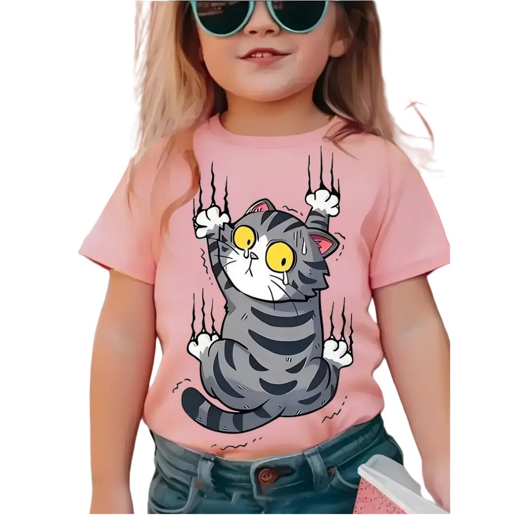 Tecknad Kattflicka T-shirt Kortärmad T-shirts Flickkläder Rundhalsad Topp Mode Juniorflickors Kläder Söta Utomhus Barn T-shirts