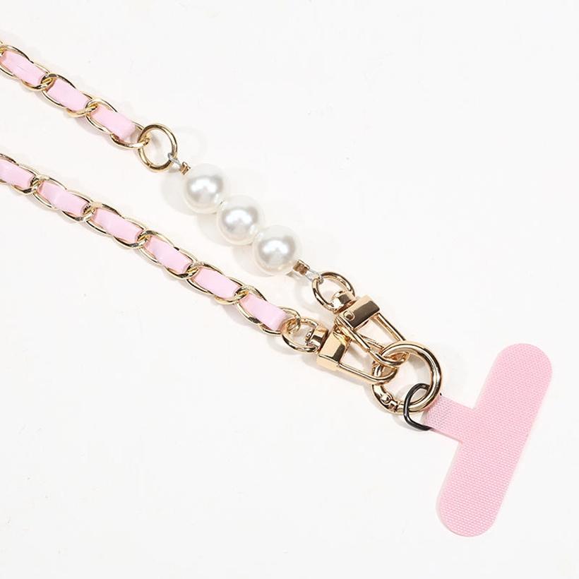 Trendy Universal Pearl Metal Cell Phone Chain Charms Women Detachable Phone Lanyards Crossbody Neck Strap with Patch