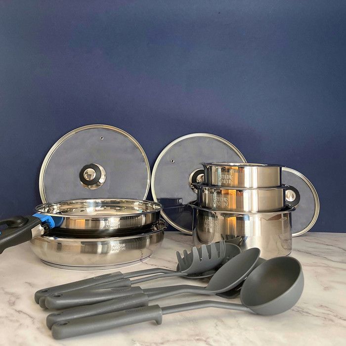 Batterie de cuisine - SHOP-STORY - AM5535 - 15 pièces - Acier inoxydable - Intérieur miroir