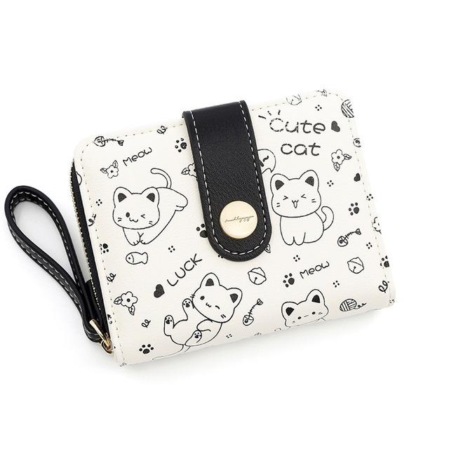 Cute Cat Girls Wallet Short Student Id/Bank Card Holder Money Bag Zipper Wallets For Women Key Storage Purse