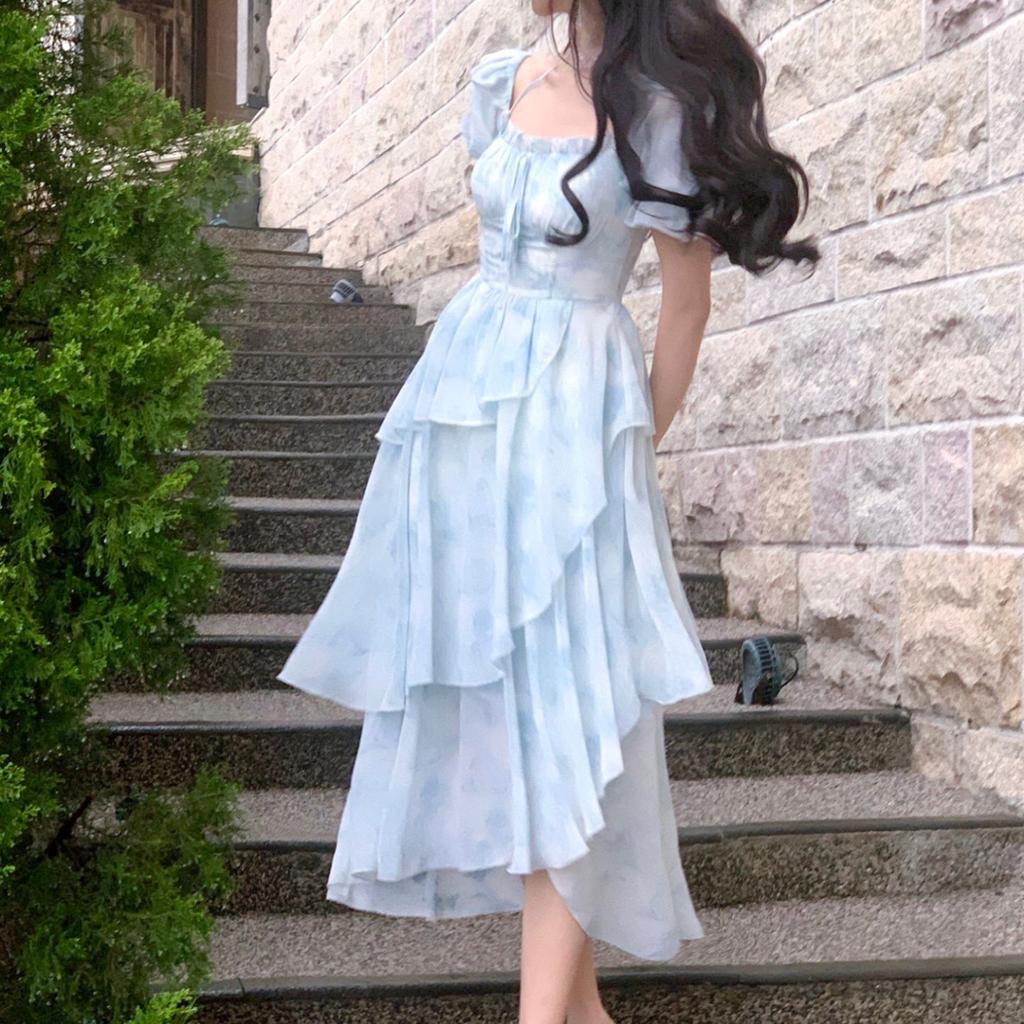 Irregular Chiffon Dress Summer New Design Feeling Fairy Waist Cinching Slimming Floral Dress