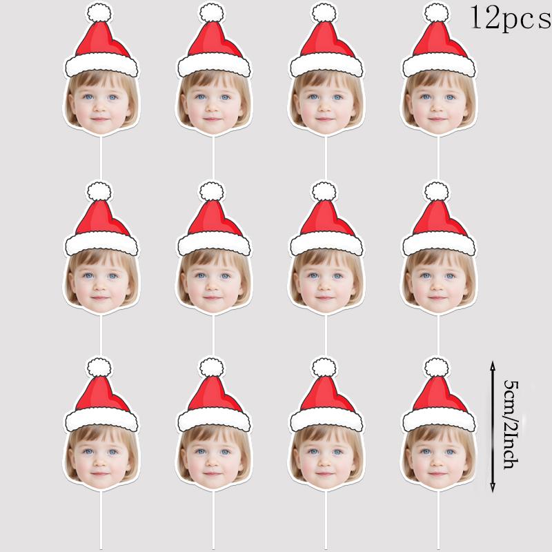 Individuelle Weihnachtspapieraufkleber-Banner Kuchenaufsätze Personalisierte Gesichter mit Weihnachtsmütze Aufhänger Geschenketikett Neujahrsparty Zubehör