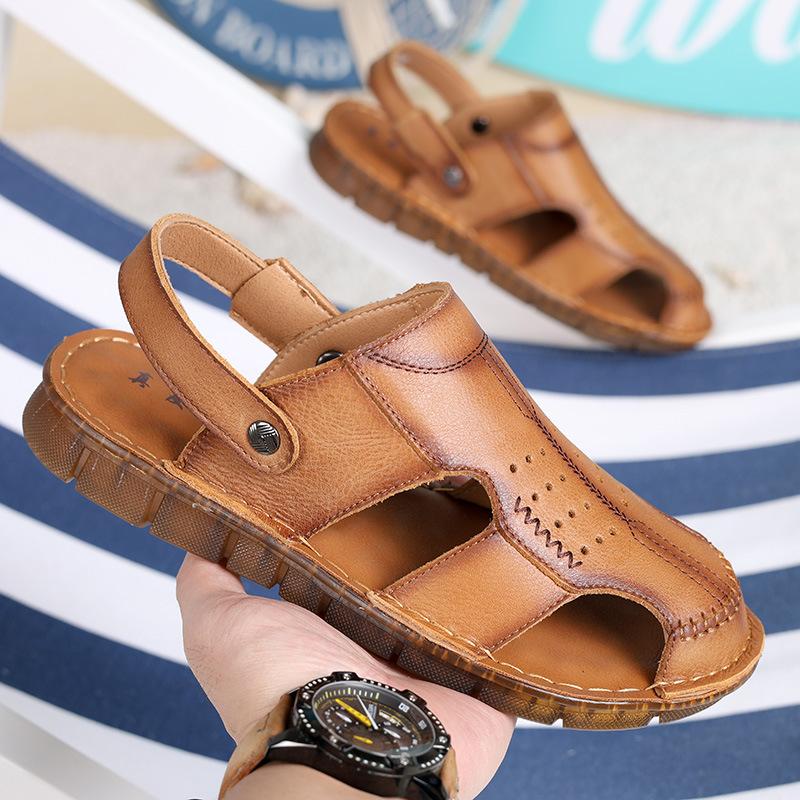 Summer new men's first-layer cowhide bag head sandals outdoor casual leather beach shoes men's breathable platform slippers