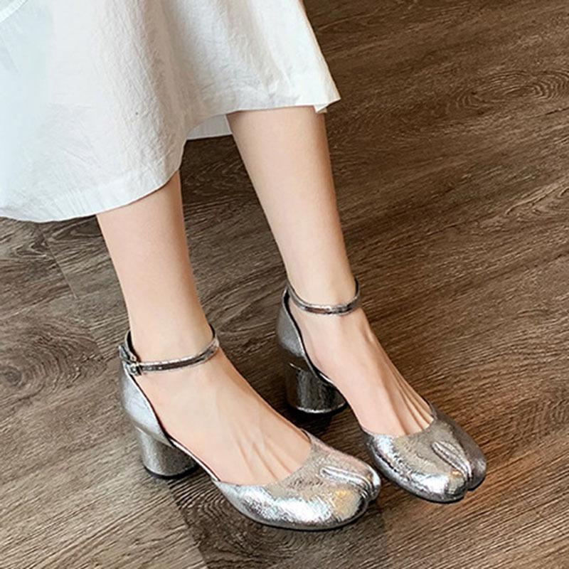 Fashion High Heels Shoes Woman Ankle Strap Silver Black Leather Pumps Split Toe Mary Janes Shoes Woman 2025 Spring Summer Heeled Sandals