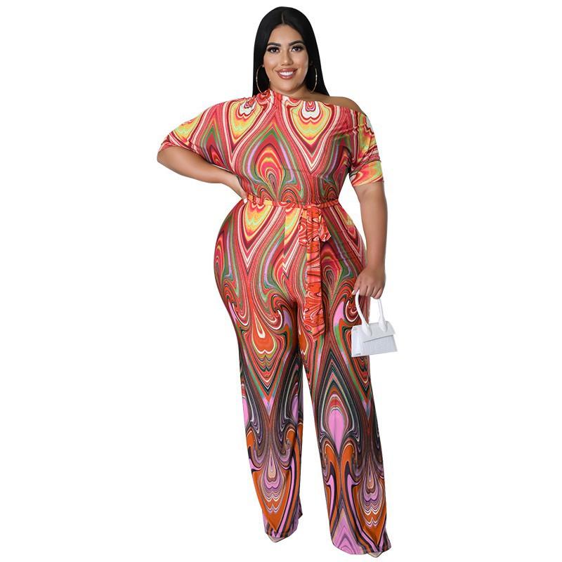 MY928 Plus Size Womens Off-Shoulder Ethnic Print Jumpsuit 2025 Lightweight Knit Romper With Moderate Stretch Straight Leg Pant