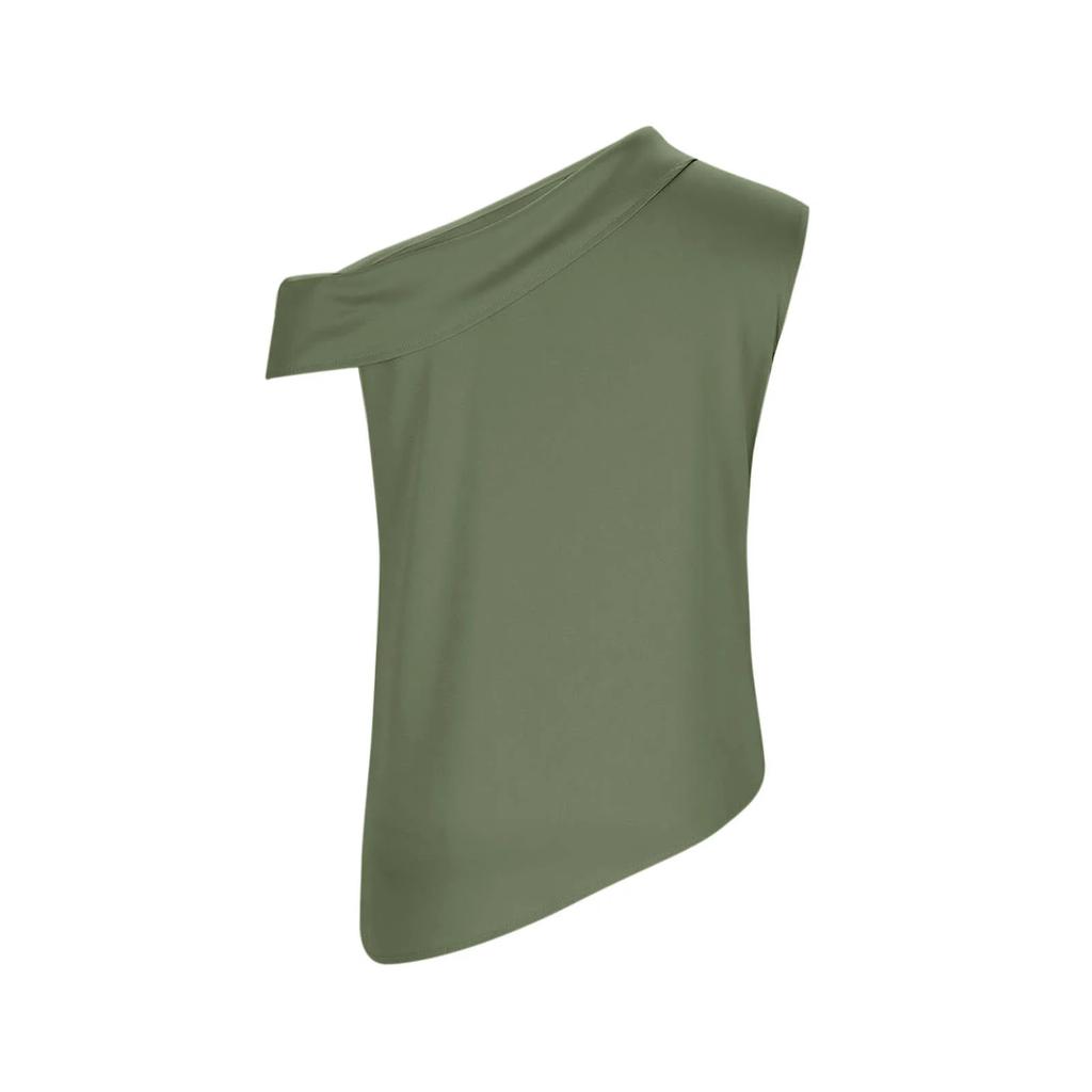 Women’s Fashionable Casual Plain Off-the-Shoulder Satin Sleeveless Asymmetrical Hem T-Shirt Top