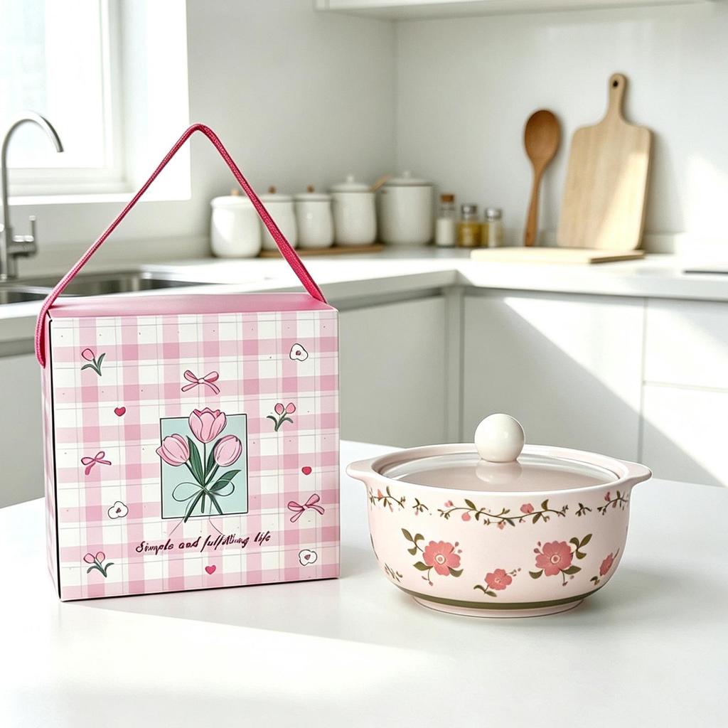 Girly Heart Tulip Ceramic Double-Ear Soup Bowl, Large Capacity, High Temperature Resistant, Ideal for Instant Noodles and Luosifen.