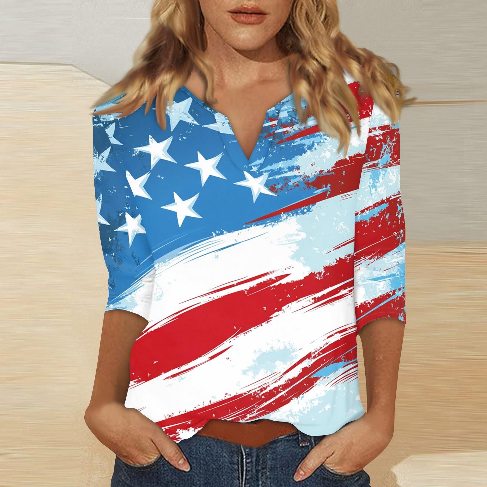 

Women s Stand Collar 3/4 Sleeve Printed Top T-shirt L