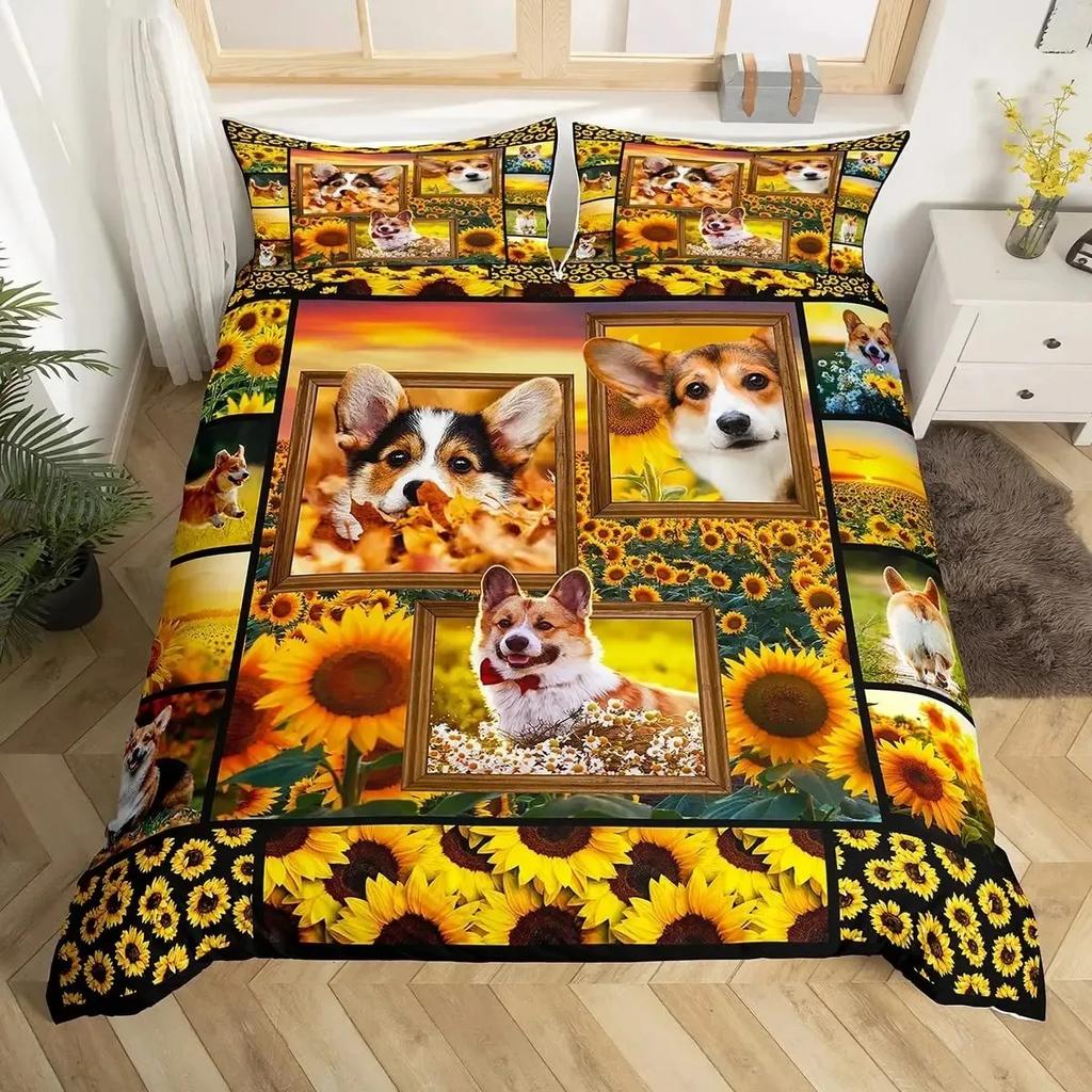 Pug Corgi Shiba Puppy Duvet Cover Set Dog Comforter Cover I Love Dogs Bedding Sets Kawaii Animals Cartoon Bedspreads Full Size