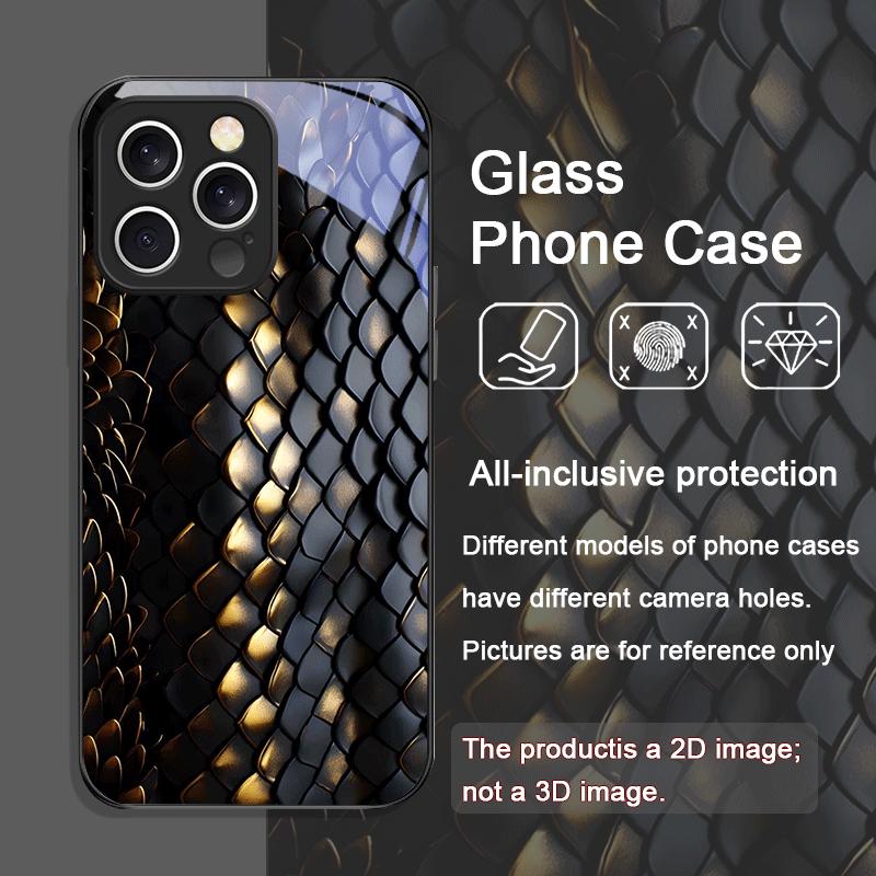 Art Black Golden Scale Texture Printed Pattern Tempered Glass Phone Case for iPhone 17 16 Pro Max 15 13 12 Mini 11 14 Plus Cover
