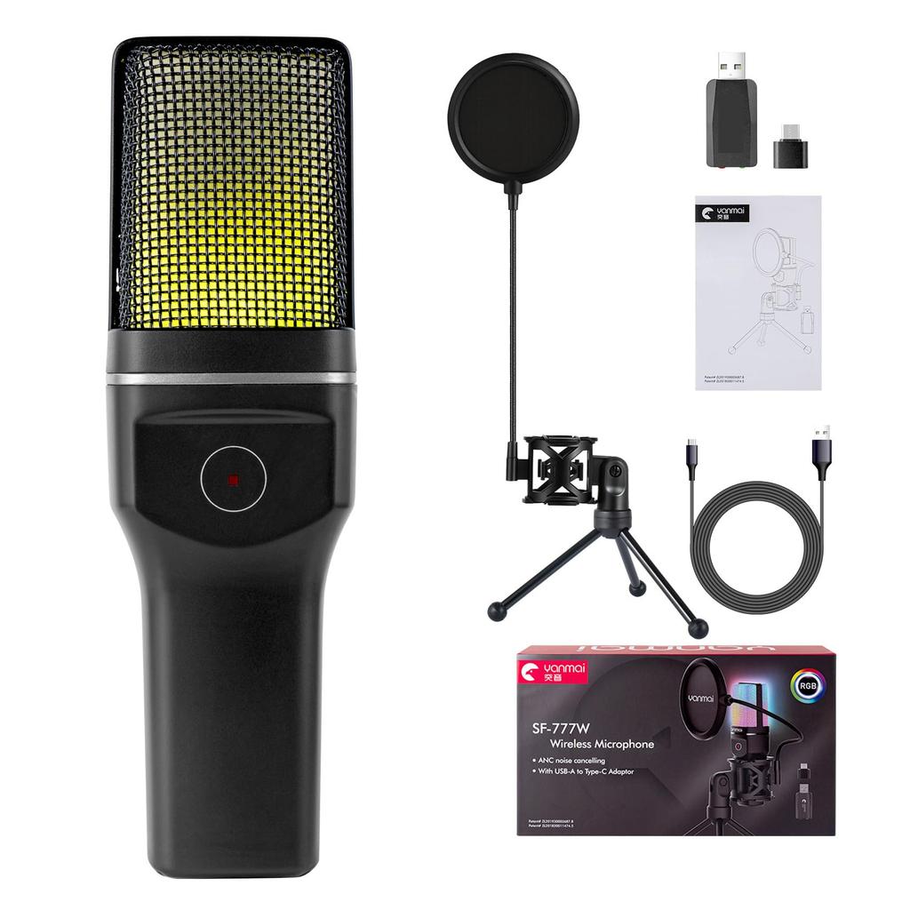 Wireless Condenser Gaming Microphone with RGB Lighting, Noise Cancellation, Unidirectional, Built-in 2.4G Type-C, Plug & Play, for PC Gameplay, Live