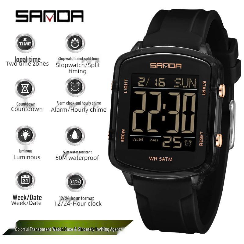 Sanda Dual Time Waterproof Transparent Sports Wristwatch with Colorful Single Display and Student Timer Function