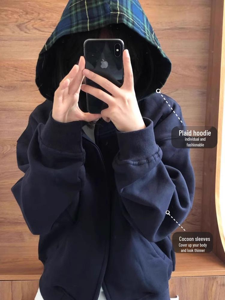 Dámská mikina s kapucí ve stylu American, nová kolekce 2025, krátký zip, dlouhý rukáv, korejský ležérní šik, raný podzim.