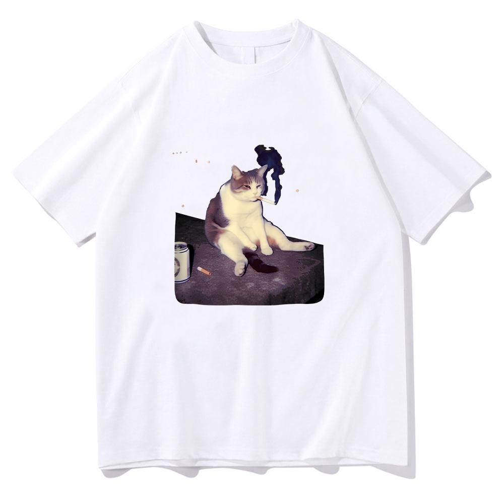 Funny Smoking Cat Meme T-shirt Cigarette Cat Print Clothing Stupid Brainrot Gift Cotton Tee Cat Lover High Quality Tshirt Unisex Men Women Anime Tops