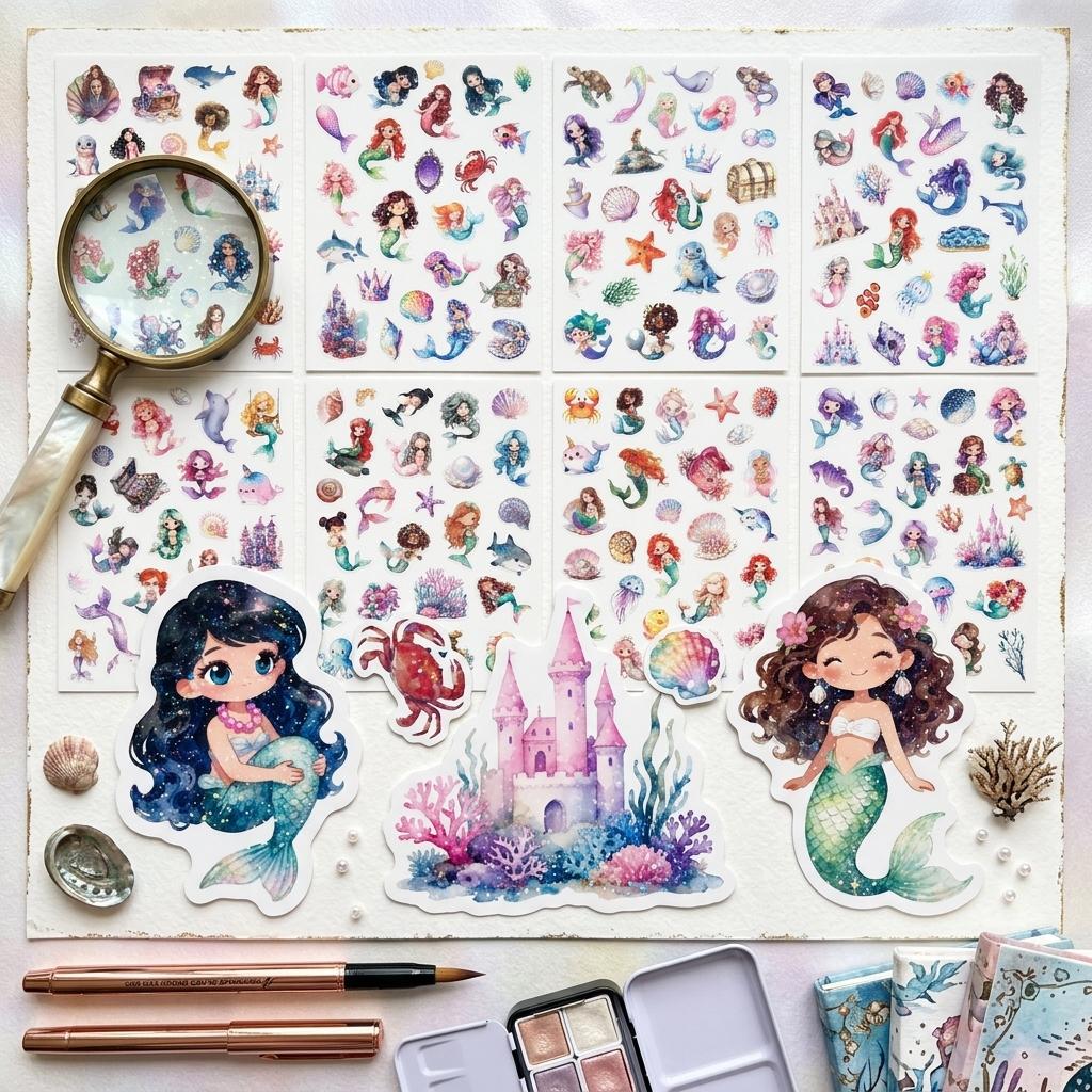 198Pcs Ocean Animal Stickers Blue Holographic Design Waterproof Vinyl Adhesive for Journal Decoration