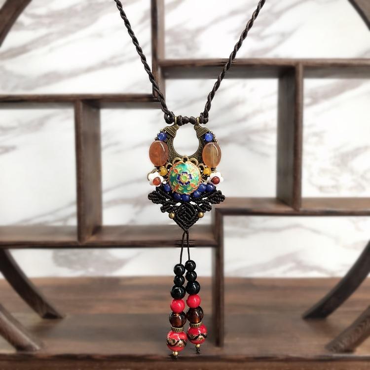 

Handwoven retro agate necklace women s versatile long temperament jade pendant sweater chain accessories