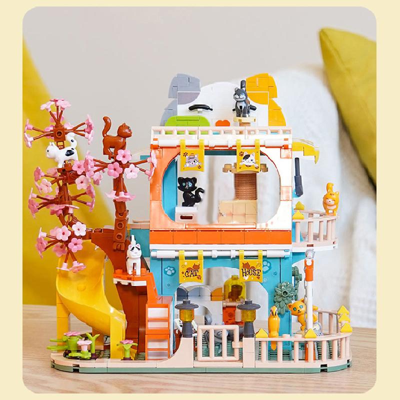 Non-Toxic City Cat Hotel Sets Children A-Frame Pet House Apartment Garden Villa Sakura Tree Building Blocks Friends Animal Toy Kid Gifts