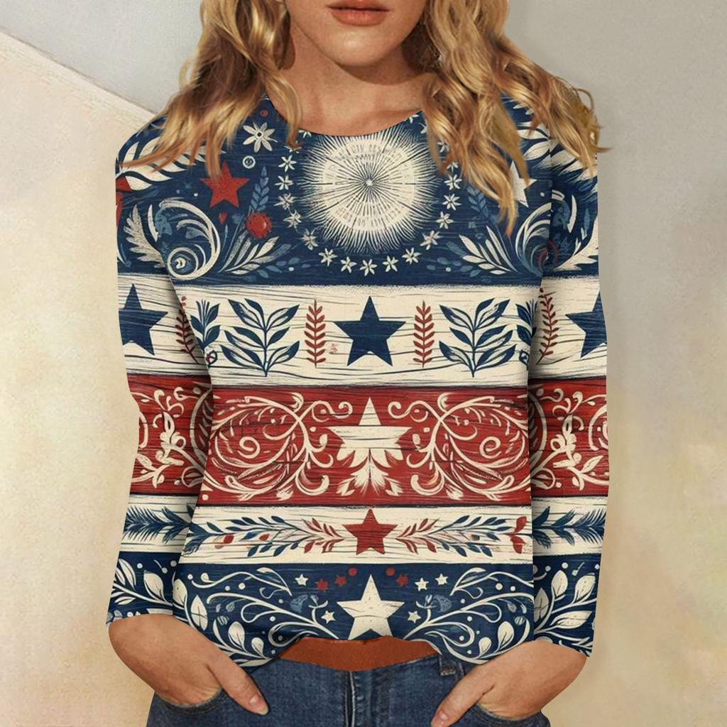 Long Sleeve Crewneck Shirt with Flag and Flower Print Casual Pullover Top for Women Comfortable Fit