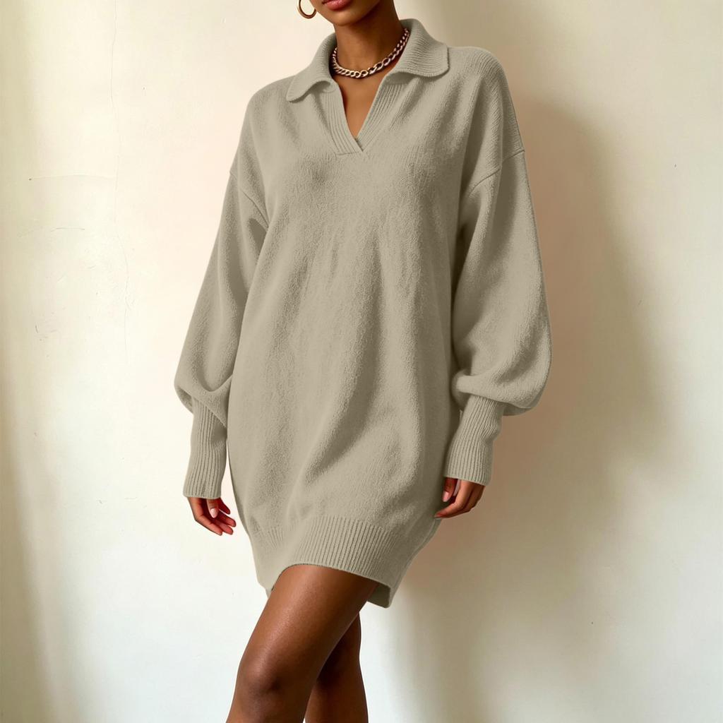 Women's Loose Fit Mid-Length Knit Sweater Dress with Sleeves and Turn-Down Collar