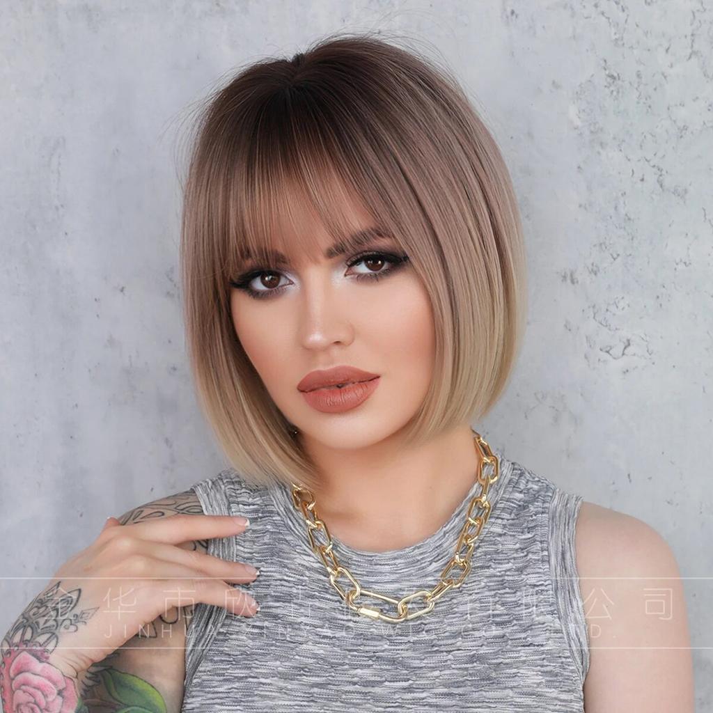 Černá s bílou Bob paruky s ofinou Krátké rovné paruky pro ženy Zajímavosti Paruka Cosplay Party Blackpink Korea Paruka