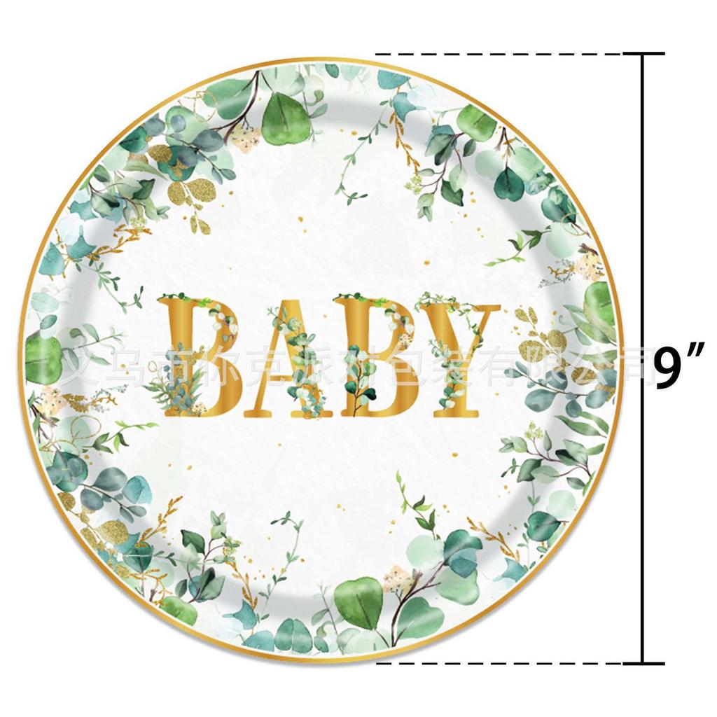 Fresh Green Eucalyptus Disposable Paper Tableware Set Birthday Welcome Party Plates Cups Decor