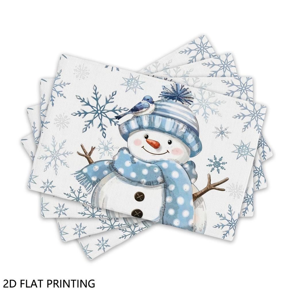 4pcs/6pcs Blue Snowman Placemats Suitable for Dining Table, Winter Farmhouse Table Mats with Snowman Print, Rectangular Place Settings for Xmas Decor,