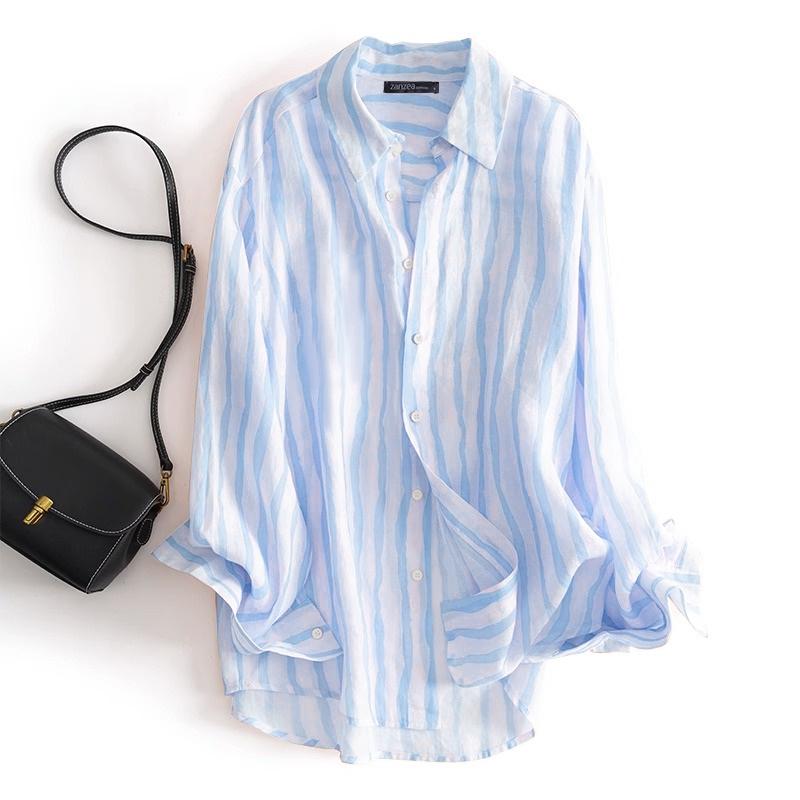 

ZANZEA Женские рубашки в полоску с воротником-стойкой и длинным рукавом в винтажном стиле S синий