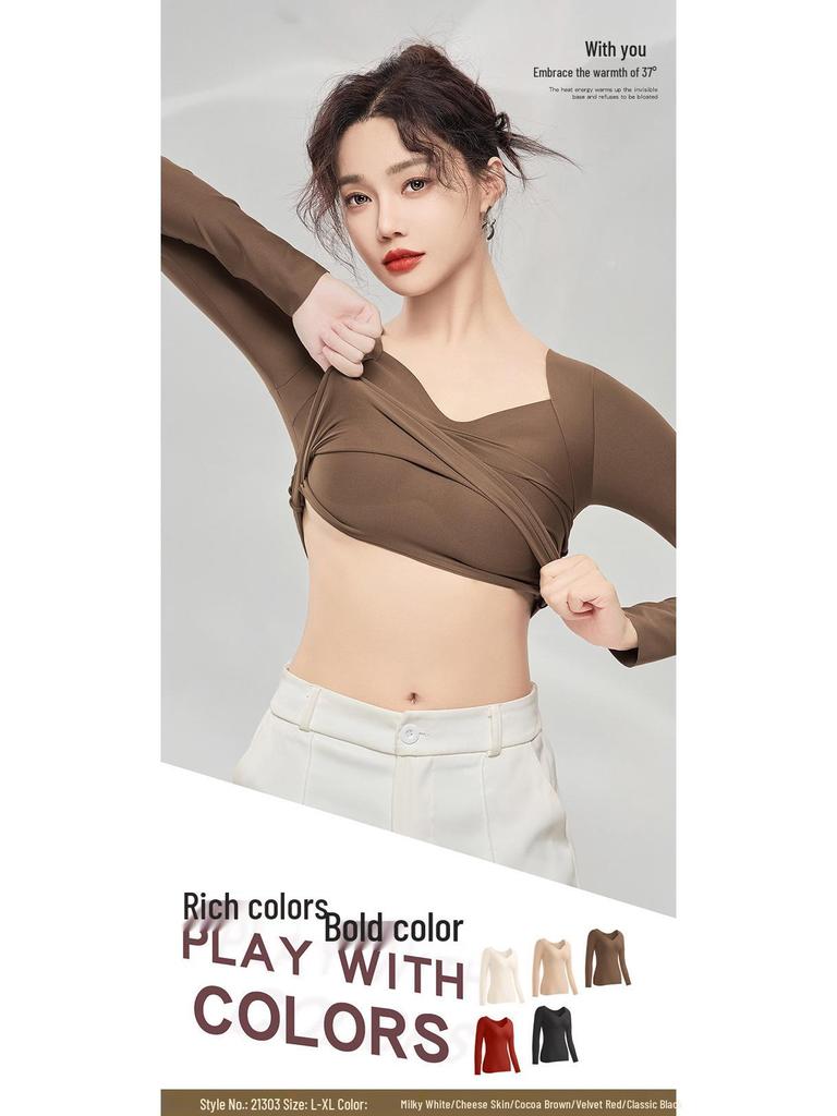 Hyaluronic Acid Skin-Beautifying Long Sleeve Top with Chest Pads - Warm, Seamless Base Layer for Autumn and Winter