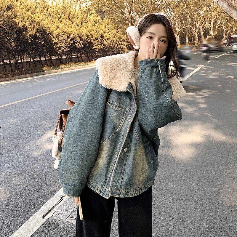 Lamb Fur Lapels and Velvet Padded Denim Cotton-padded Jacket Women's Winter New Korean Loose Retro Jacket