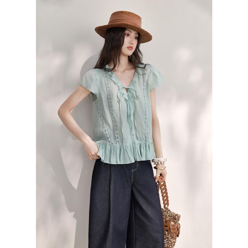 Women's 2026 Summer Tencel Ramie Ruffle V-Neck Shirt