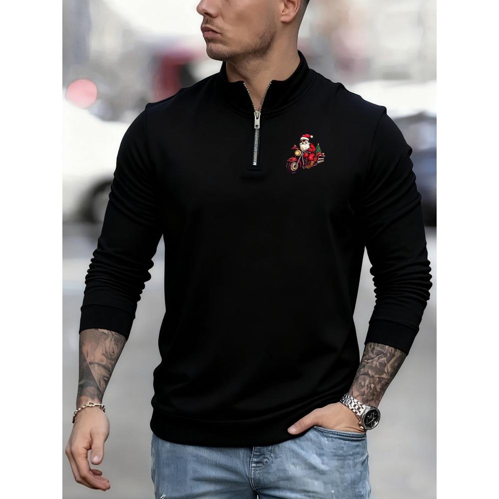 Santa Claus and Christmas Tree Fun Printed New Men s Casual Sports Shirt, Fashionable Cool Fashion Zipper Long Sleeve Sports Shirt Top S чёрный