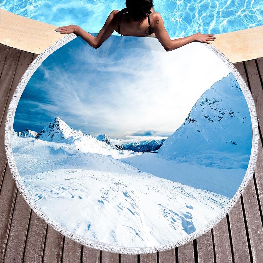Snow Mountain Round Beach Towel Microfiber Nature Scenery Beach Blanket Absorbent Quick Dry Sand Free Bath Towel Picnic Yoga Mat