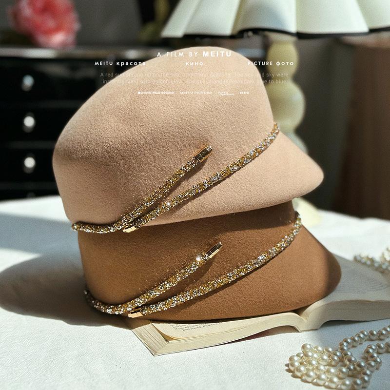 Rhinestone Decorated Wool Tweed Beret Hat Vintage Elegant British Style for Autumn Winter Equestrian Riding Daily Party Wear