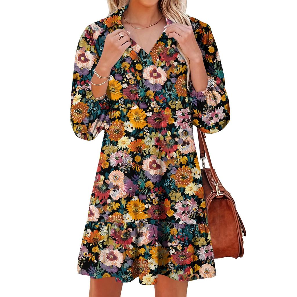 Women's Fashion Elegant Autmn And Winter Long Sleeve V,Neck Christmas Print Dress