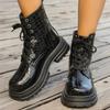 Women's  Fall Embossed High Top Boots British Motorcycle Style Lace Up Leather Mid Calf Shoes Chunky Sole Comfortable