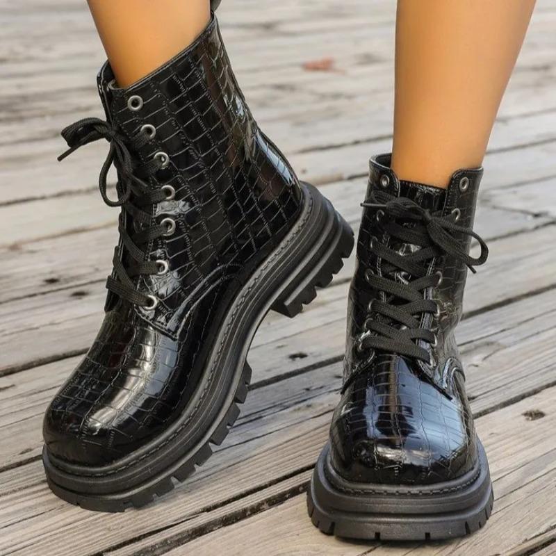 Women's  Fall Embossed High Top Boots British Motorcycle Style Lace Up Leather Mid Calf Shoes Chunky Sole Comfortable