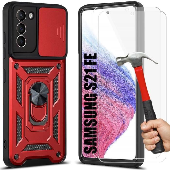 Pack de Protection - BOOLING - pour Samsung Galaxy S21 FE - Coque Rigide Rouge - 2 Verres Trempés - Anti-Rayures
