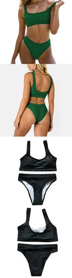 Chic Pittig Effen Tweekleurig Zwempak voor Dames - Sexy Sportieve Bikini 2025, Zwart