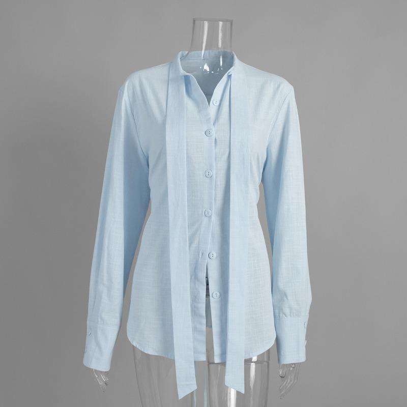 

Fashion Cotton Strap Shirt for Women Spring Autumn Bandage Elegant Solid Color Slim Fit Top Commuting Casual Simple Long Sleeve Blouse Sweet Clothing S светло-синий