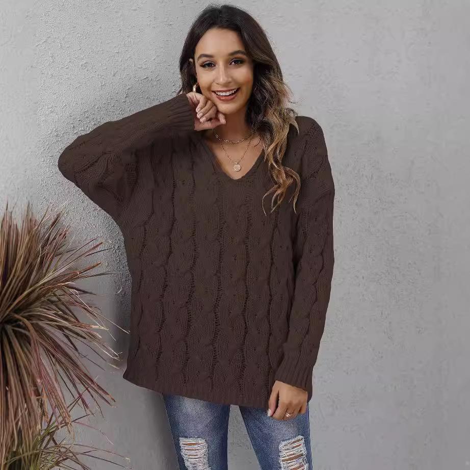 Women's Top, Thickened, Fried Dough Twists Knitted Sweater, V-neck Design, Fashionable Hooded Top, Loose Pullover Sweater