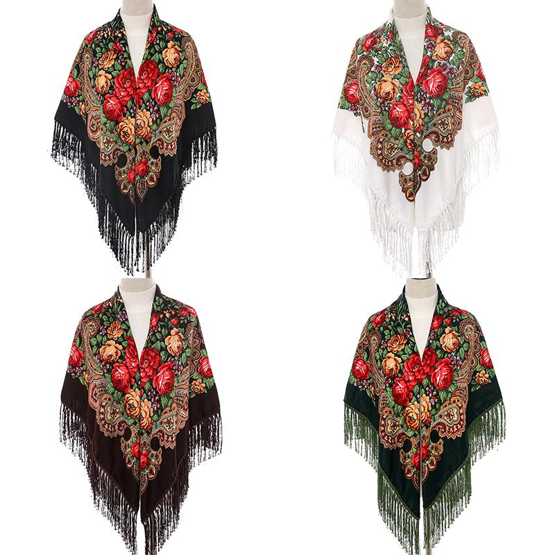130*130Cm  National Square Scarves Women'S Luxury Peony Flower Print Fringed Shawl Handkerchief Cotton Head Wraps