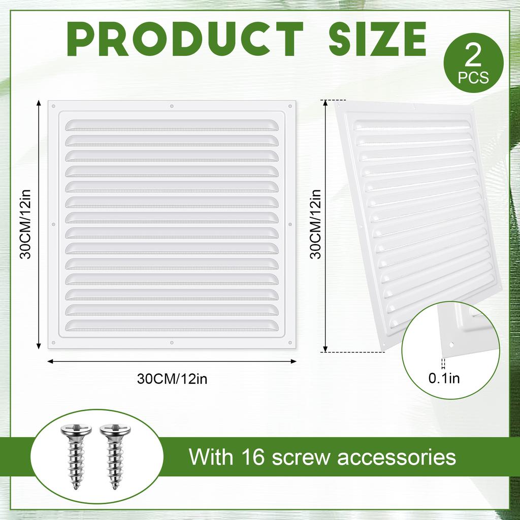 2 Stück 12x12 Zoll Dachbodenlüfter Giebellüfter Aluminium Wandlüfter für Häuser Schuppen, Quadratischer Lüfter Jalousielüfter Lüftergitter 180 Grad Öffnungswinkel