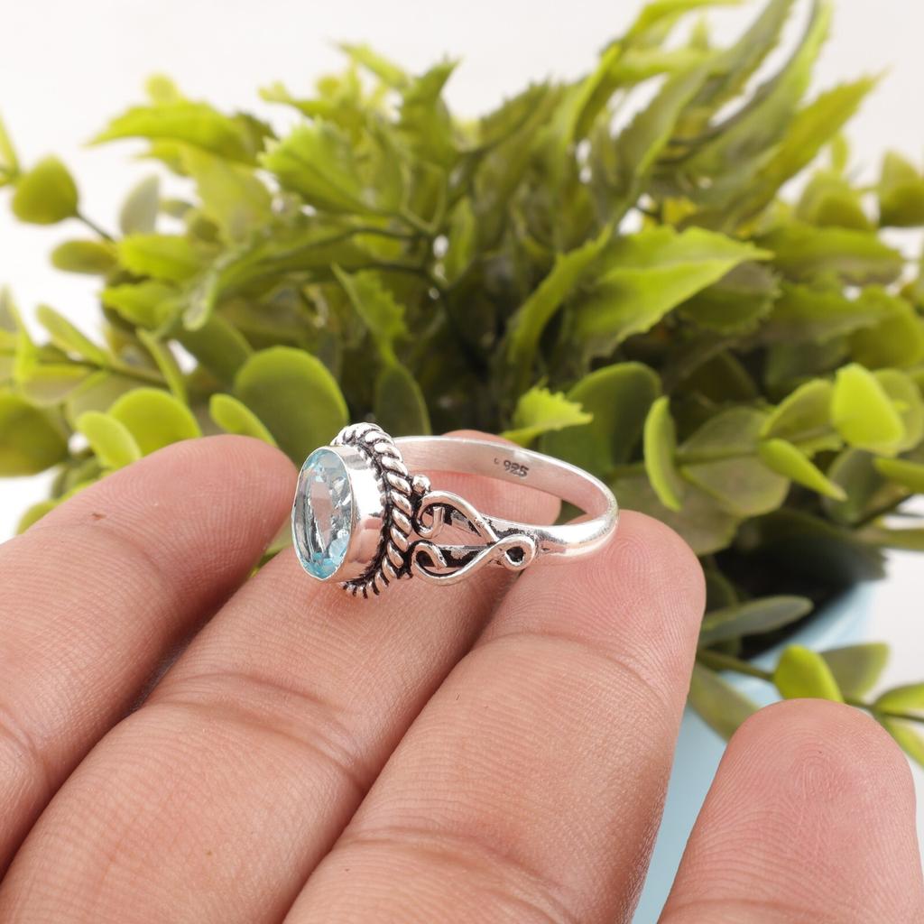 Sky Blue Topaz Gemstone 925 Sterling Silver Jewelry Handmade Ring Gift For Wife RR-8-8