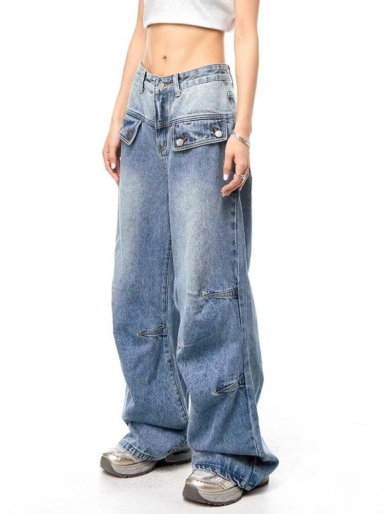 JYL Unisex Straight Jeans Light Blue Washed American High-Street High-Waist Denim M бездна