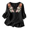 Damen Blumenstickerei Henley-Kragen Knopfleiste Hemd Dreiviertelarm Baumwolle Leinen Oberteil Lässige Bluse